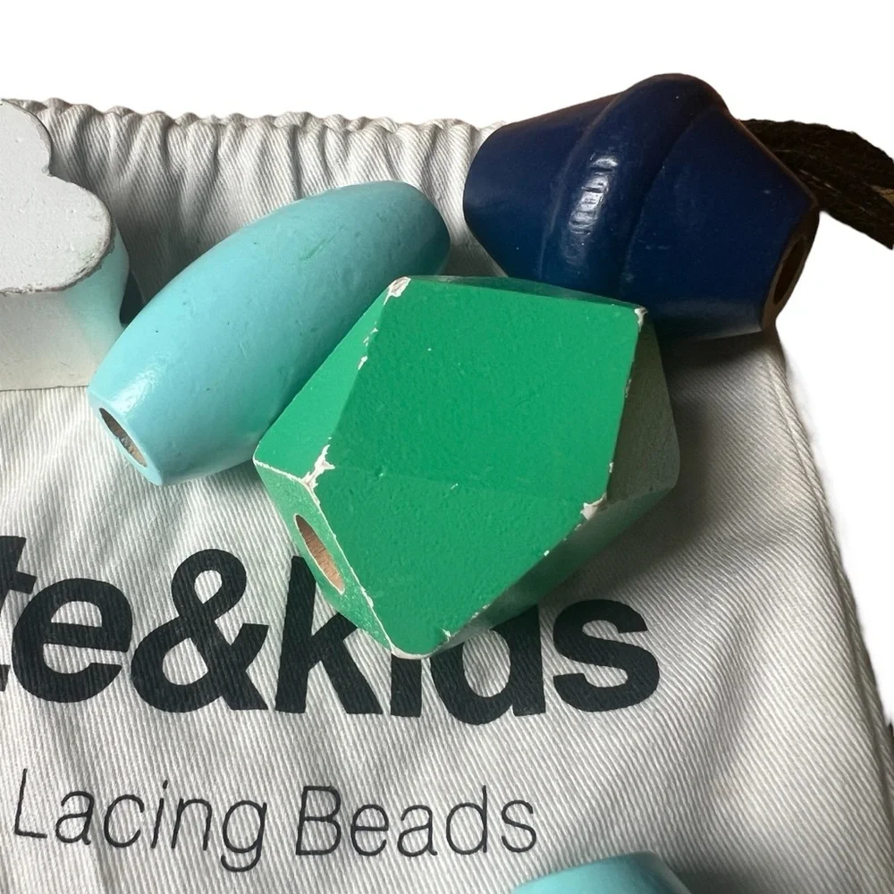 Crate & Barrel Wooden Learning Toys Set Chameleon and Thread and Bead Puzzle